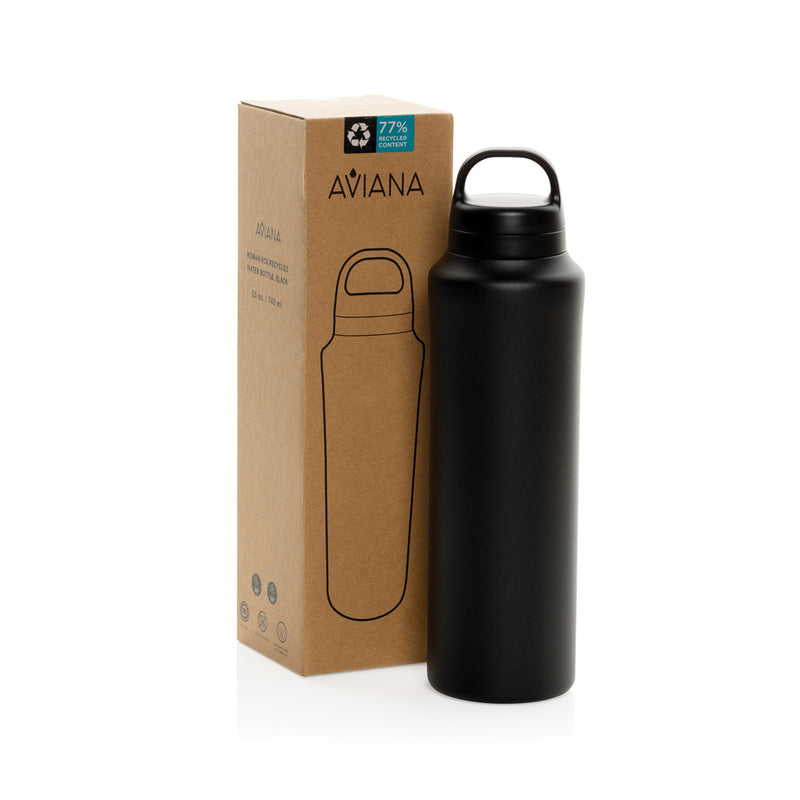 Load image into Gallery viewer, Aviana Rowan RCS recycled 740ml water bottle in clear plastic with a black screw cap and ergonomic design.