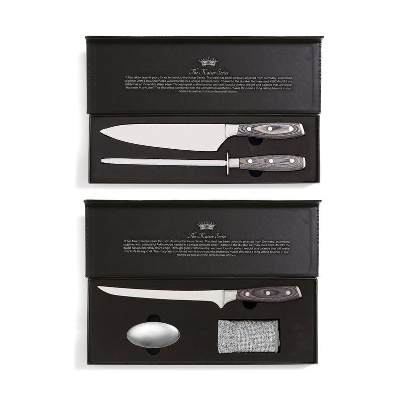 Load image into Gallery viewer, Vinga Kaiser Fillet Set for home and living, featuring durable knives with ergonomic handles on a wooden cutting board.