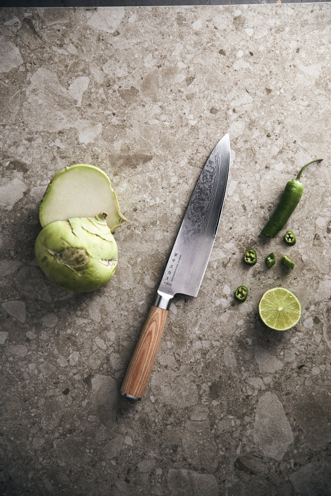 Load image into Gallery viewer, Vinga Hattasan Damascus chef’s edition knife with a stainless steel blade and ergonomic handle for precise kitchen cutting.