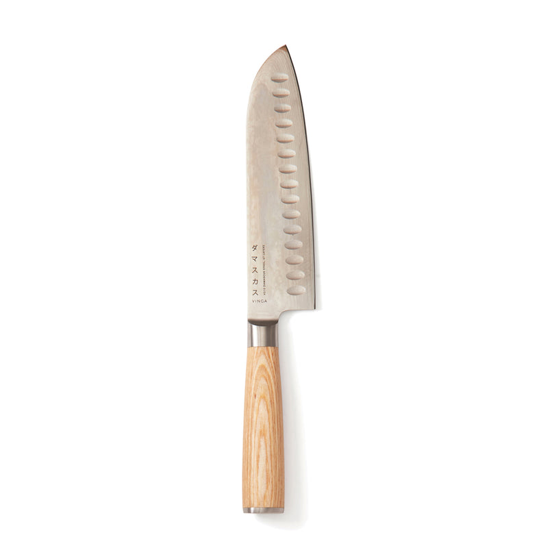 Load image into Gallery viewer, Vinga Hattasan Damascus Santoku knife with wooden handle, sharp blade for precise slicing and chopping in the kitchen.
