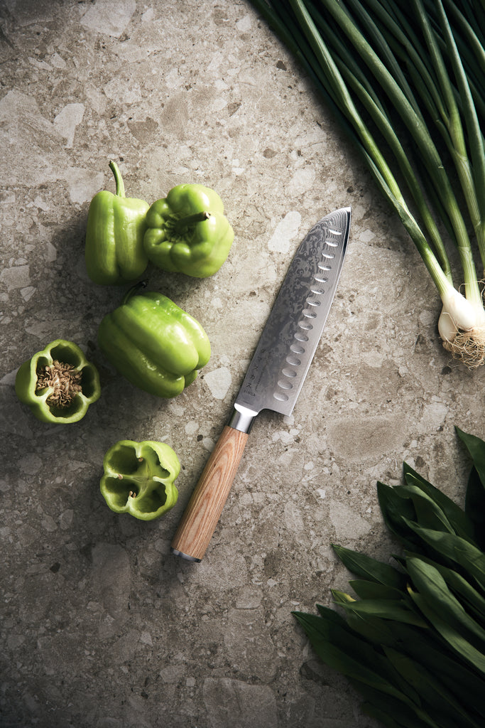 Load image into Gallery viewer, Vinga Hattasan Damascus Santoku knife with stainless steel blade, ergonomic handle, perfect for slicing and dicing in the kitchen.