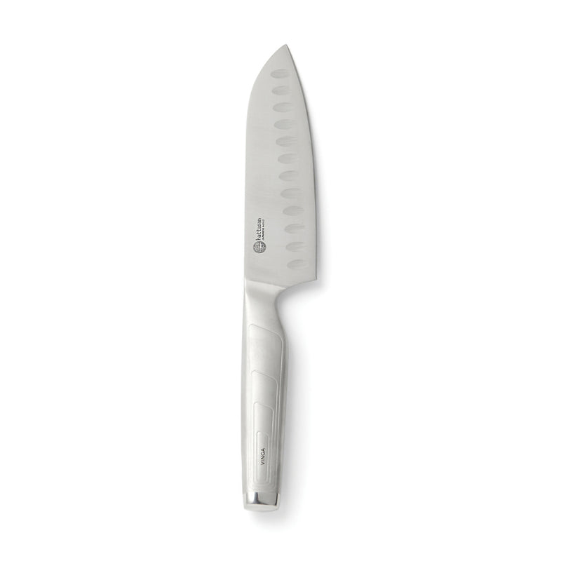 Load image into Gallery viewer, Vinga Hattasan santoku knife with stainless steel blade and ergonomic black handle, ideal for precise kitchen slicing.