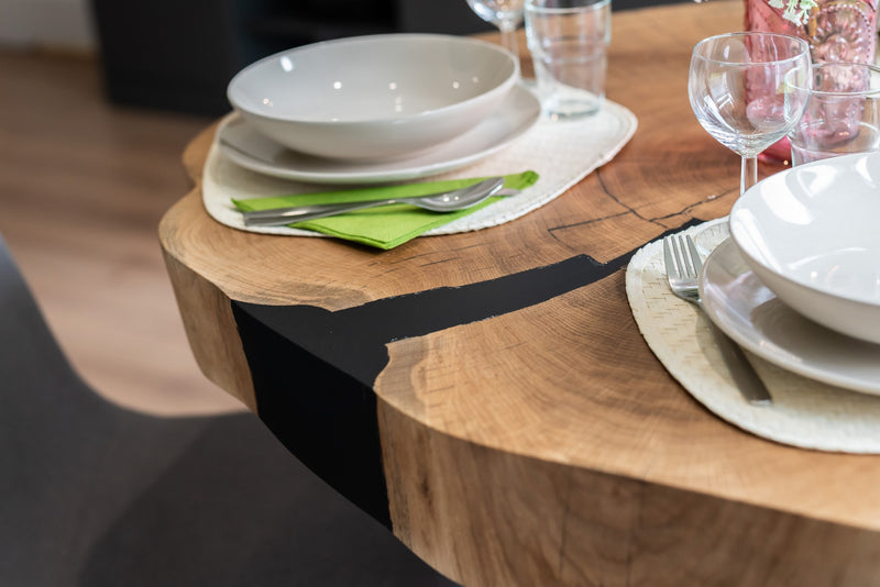 Load image into Gallery viewer, Rustic Solid Oak Round Dining Table – Crossframe Steel Base - Custom Wood Designs