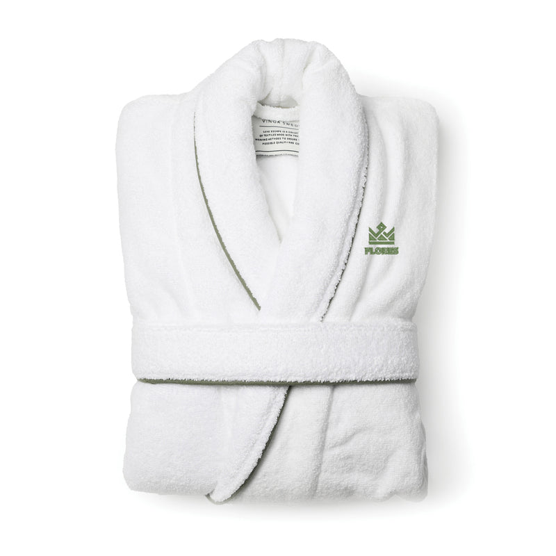 Load image into Gallery viewer, Vinga Harper bathrobe in size L/XL, plush soft fabric, displayed open on a hanger with a cozy, casual home setting.