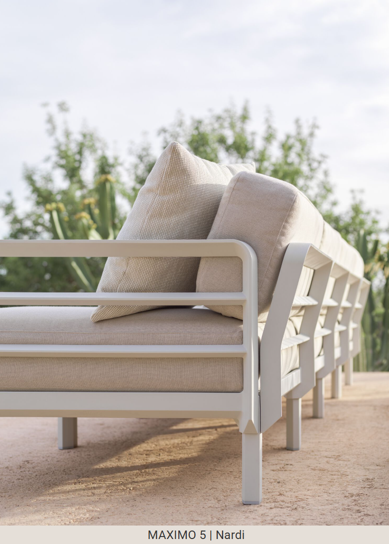Load image into Gallery viewer, Maximo 5 Modular Outdoor Sofa by Custom Wood Designs, showing a stylish outdoor seating system on a hotel terrace.