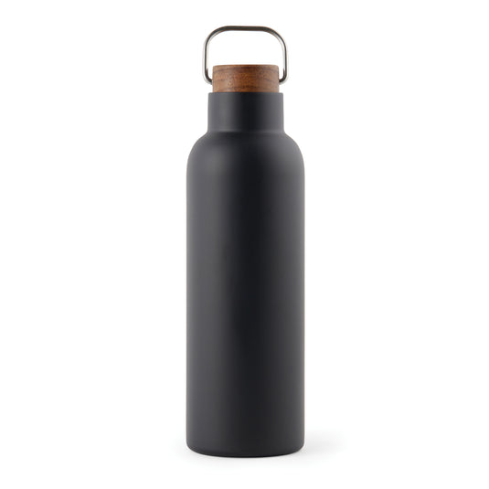 Recycled vacuum bottle 800ml with acacia wood lid pack of 25 Black Custom Wood Designs __label: Multibuy 800mlblackvacuumrecycledbottlecustomwooddesigns