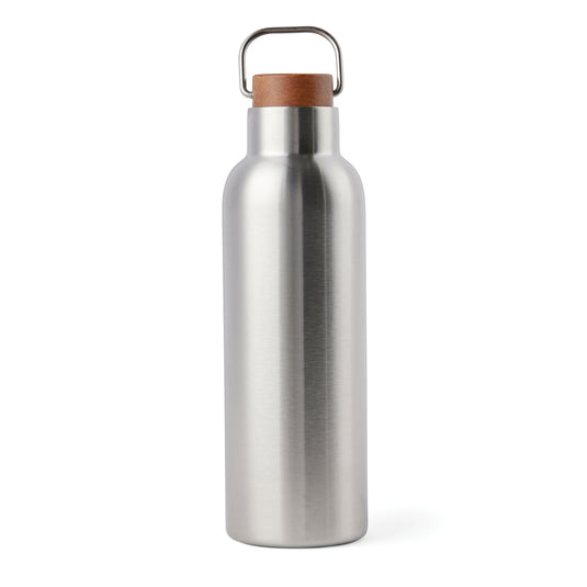 Recycled vacuum bottle 800ml with acacia wood lid pack of 25 Silver Custom Wood Designs __label: Multibuy 800mlsilvervacuumrecyledbottlecustomwooddesigns