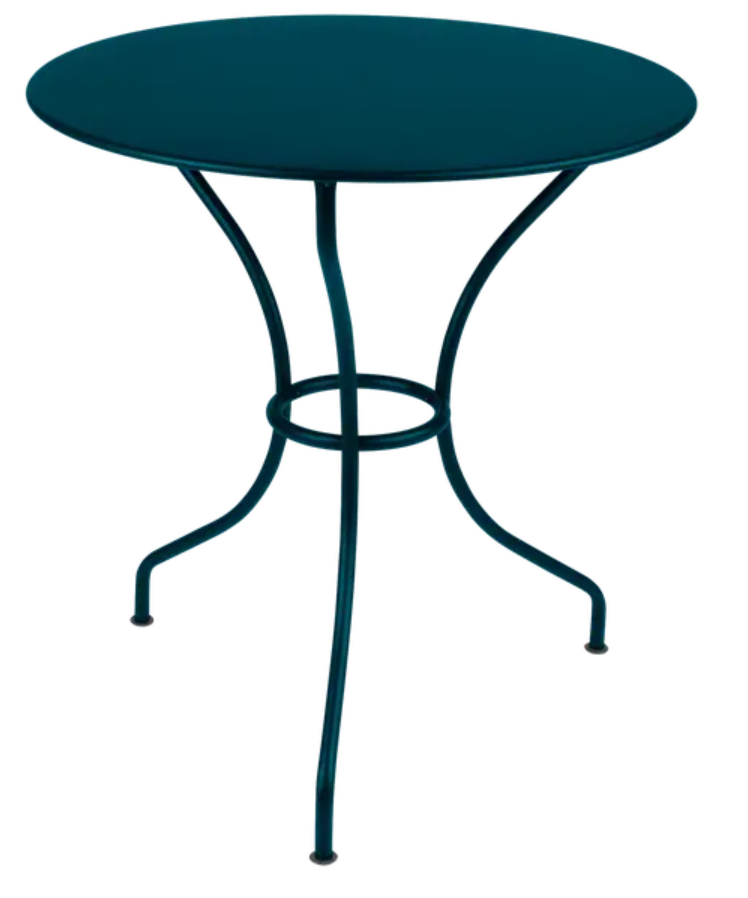 Load image into Gallery viewer, Fermob OPÉRA+ outdoor metal table with a 67 cm diameter in Acapulco Blue, suitable for patio or restaurant outdoor seating.