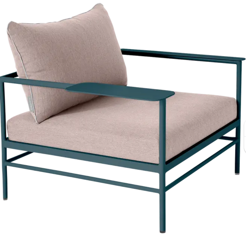 Load image into Gallery viewer, Fermob Rivage outdoor metal armchair in Acapulco Blue with low armrest, suitable for garden or patio seating.