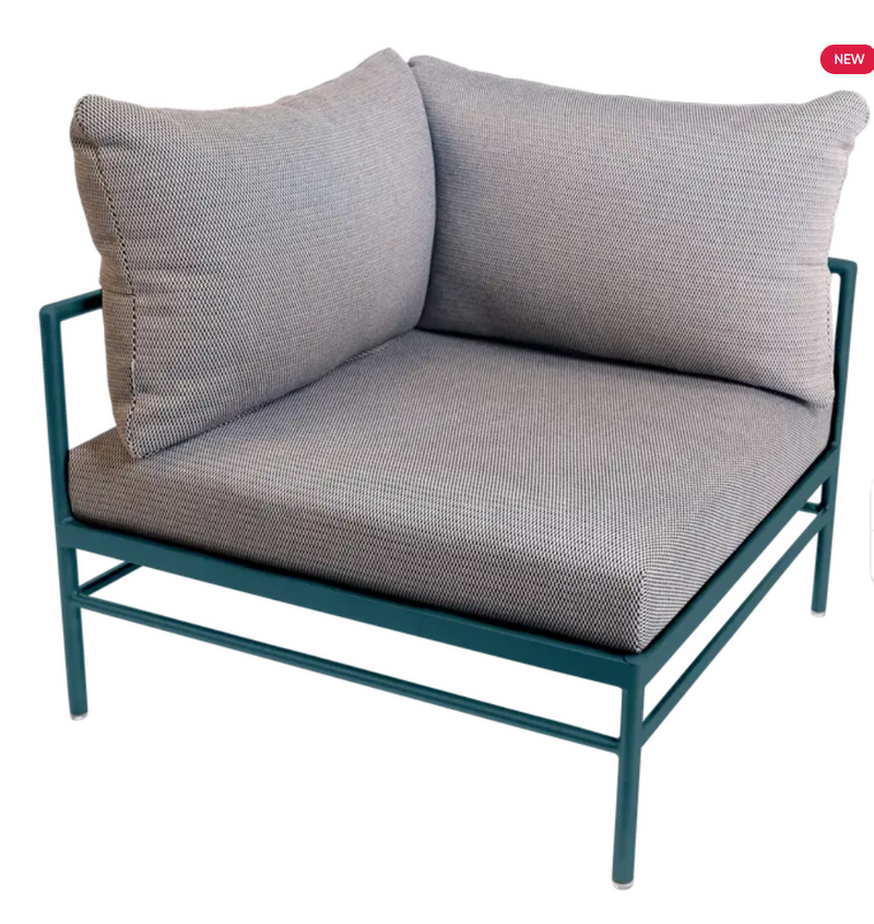 Load image into Gallery viewer, Fermob Rivage corner outdoor armchair with metal frame and striped fabric cushions, part of the Acapulco Straciatella collection.