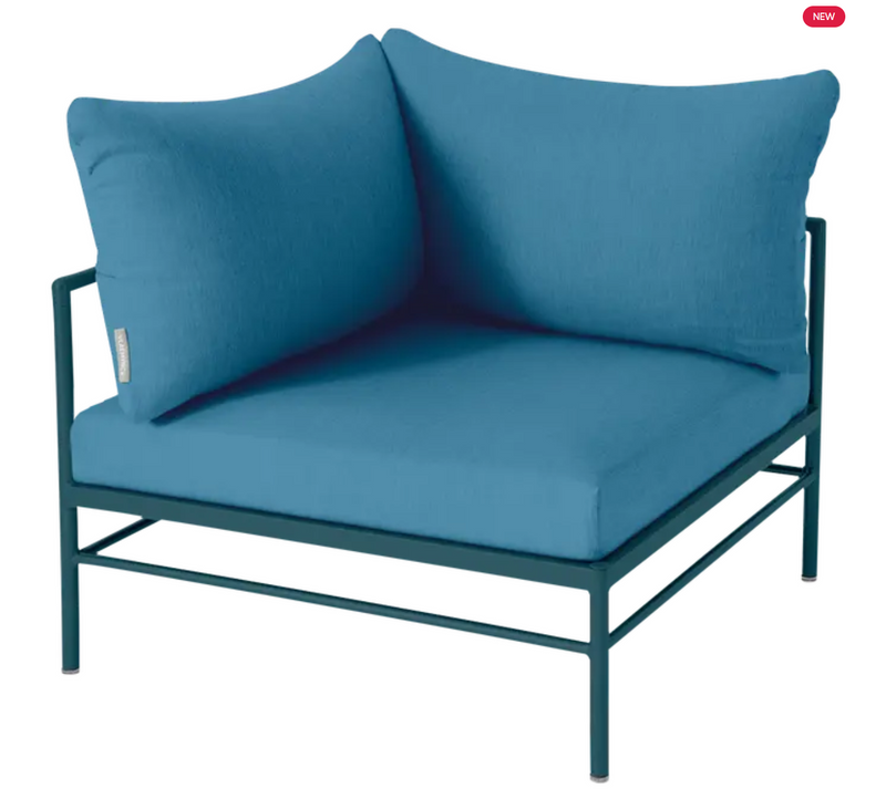 Load image into Gallery viewer, Fermob Rivage corner outdoor armchair with metal frame and blue upholstery, designed for stylish outdoor seating.