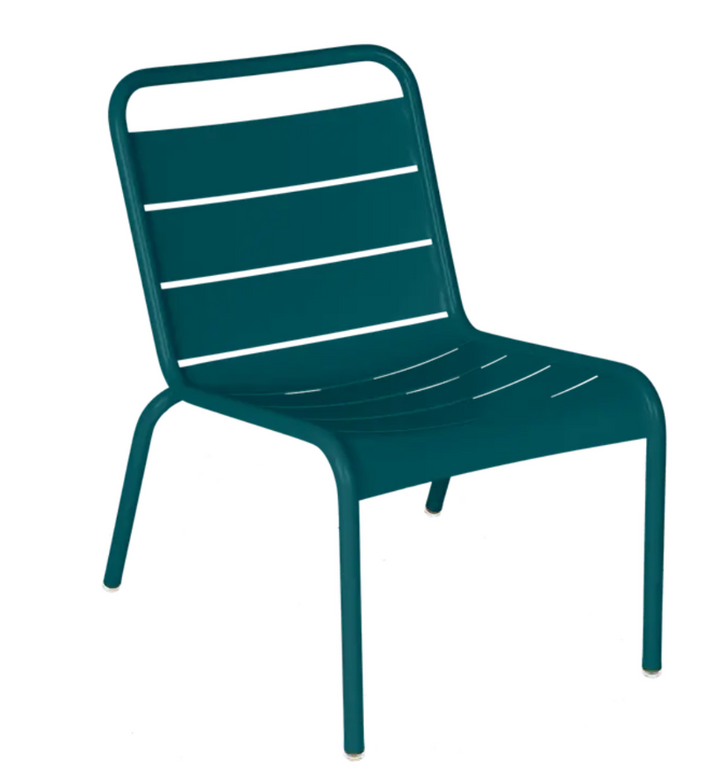Load image into Gallery viewer, Fermob Luxembourg Lounge Chair in vibrant blue metal with curved seat and backrest, suitable for outdoor or restaurant settings.