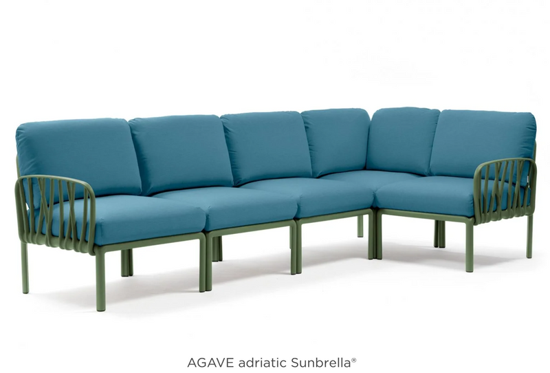 Load image into Gallery viewer, Komodo 5 modular outdoor sofa by Custom Wood Designs with Sunbrella Agave Adriatic fabric, outdoor patio furniture on patio scene.
