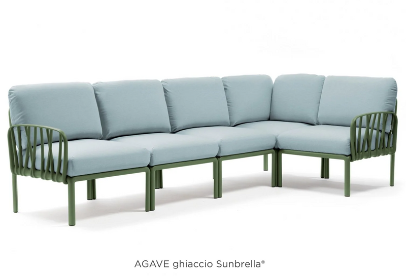 Load image into Gallery viewer, Komodo 5 Modular Outdoor Sofa by Custom Wood Designs with agave and ghiaccio cushions, perfect for patio or outdoor lounge areas.