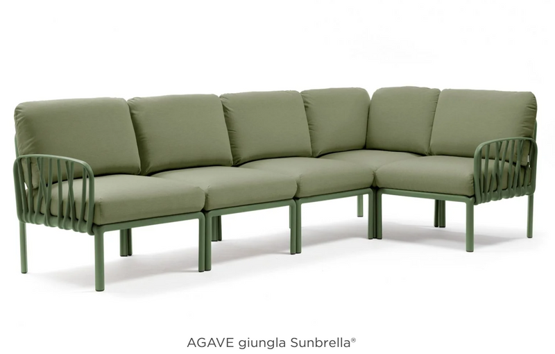 Load image into Gallery viewer, Komodo 5 Modular Outdoor Sofa by Custom Wood Designs, featuring green cushions and wooden frame, suitable for patio or hotel outdoor spaces.