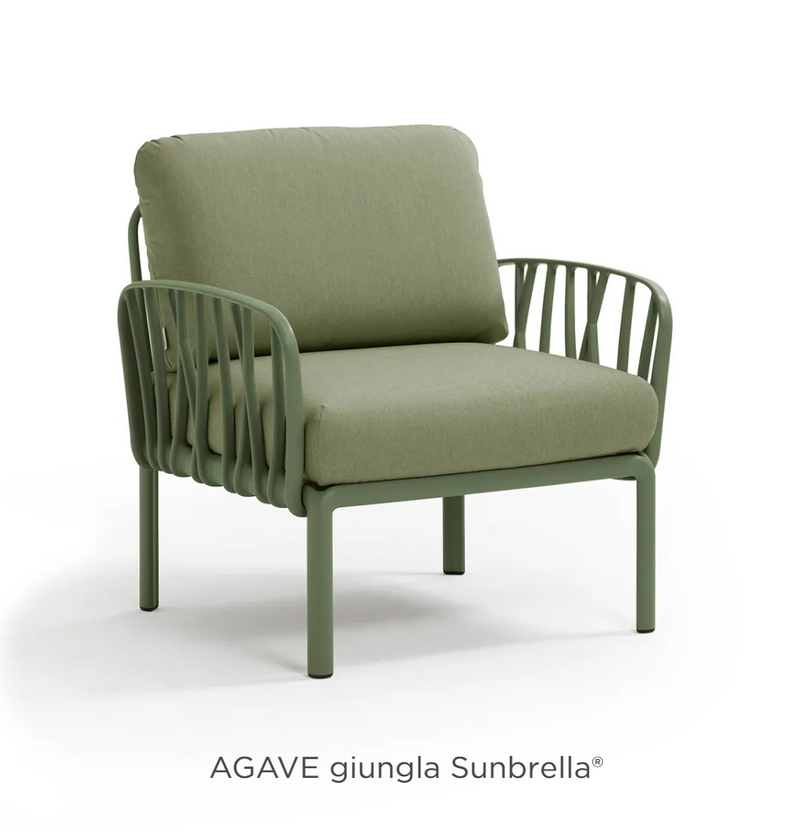 Load image into Gallery viewer, Nardi Komodo outdoor modular armchair by Custom Wood Designs, featuring Sunbrella fabric and agave-colored cushions.
