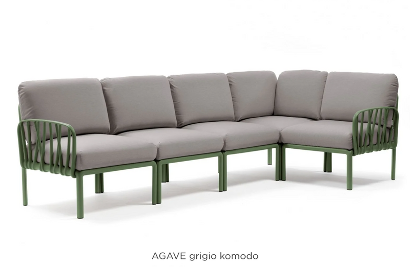 Load image into Gallery viewer, Gray Komodo 5 modular outdoor sofa by Custom Wood Designs, showing the sectional sofa with cushions on a patio setting.