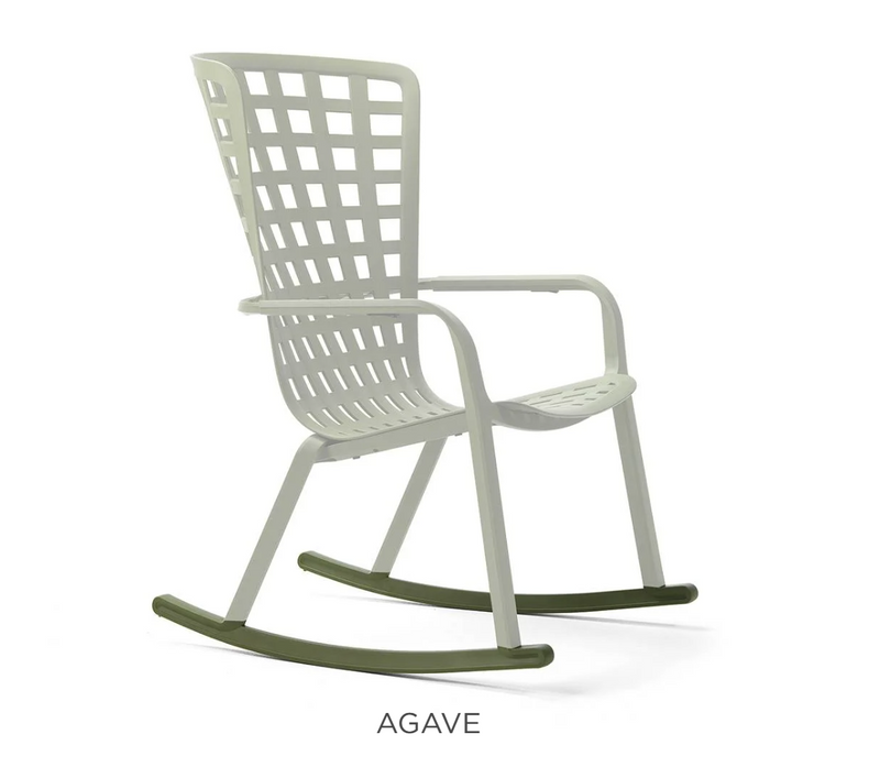 Load image into Gallery viewer, Nardi Folio Rocking Chair Kit with agave-colored components for outdoor patio, shown assembled in a garden setting