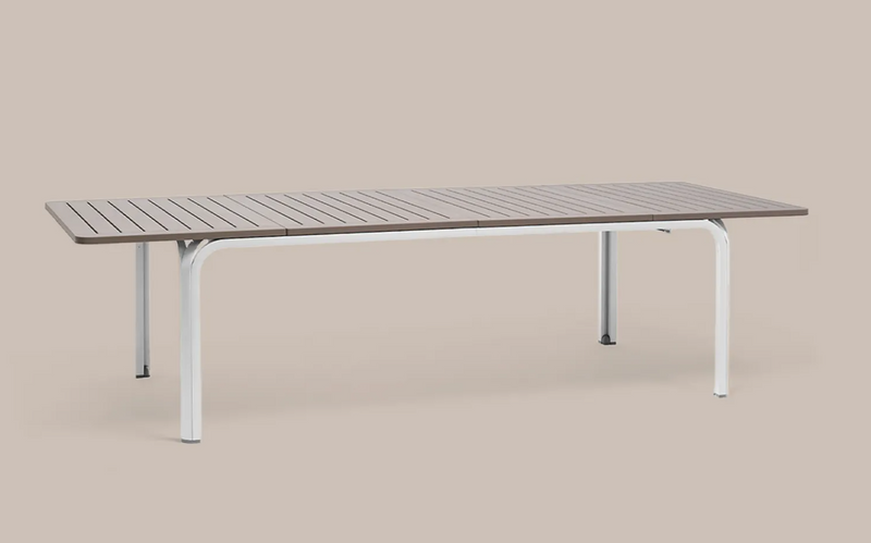 Load image into Gallery viewer, Alloro 210-280 extensible outdoor table by Nardi, made of durable wood with a sleek design, shown extended for outdoor dining.