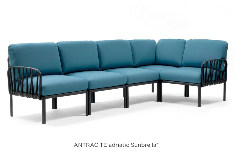 Load image into Gallery viewer, Antracite Sunbrella fabric Komodo 5 modular outdoor sofa by Custom Wood Designs, shown assembled on patio with natural surroundings.
