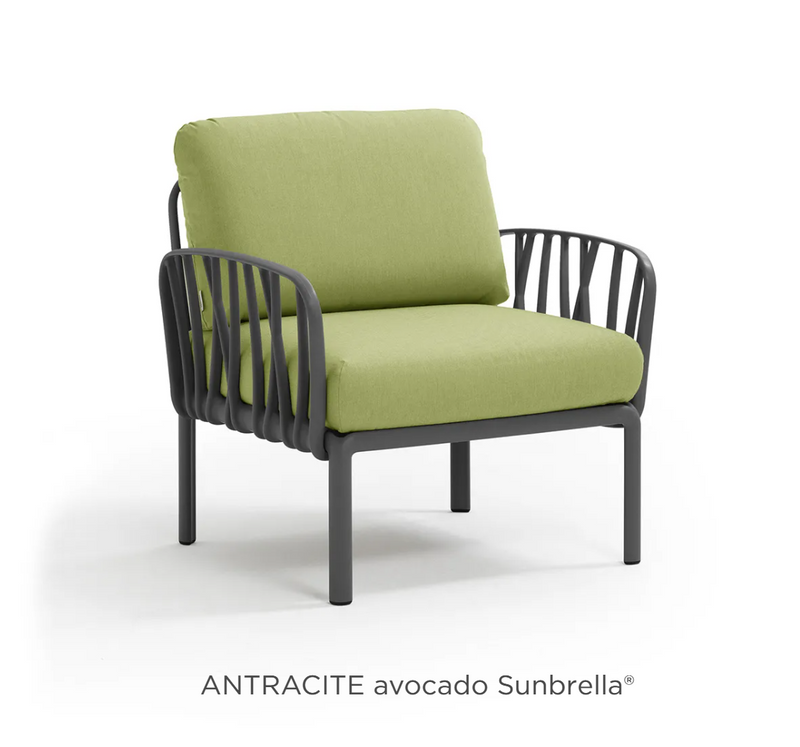 Load image into Gallery viewer, Nardi Komodo outdoor armchair by Custom Wood Designs, modular outdoor sofa with antracite and avocado Sunbrella fabric, suitable for outdoor seating.