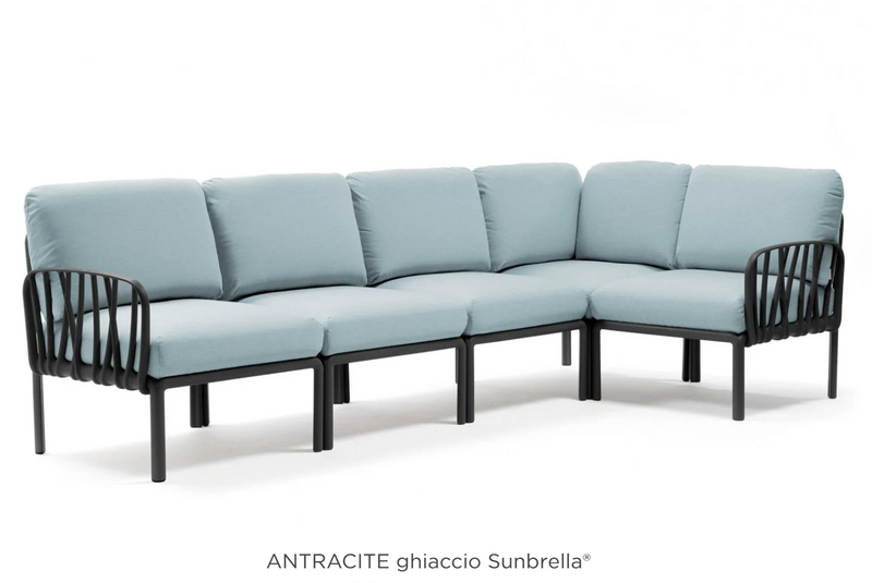 Load image into Gallery viewer, Antracite and ghiaccio Komodo 5 modular outdoor sofa by Custom Wood Designs, shown assembled on patio with weather-resistant cushions.