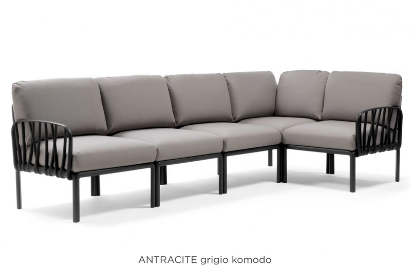 Load image into Gallery viewer, Antracite gray Komodo 5 modular outdoor sofa by Custom Wood Designs, shown assembled on patio with outdoor furniture setting.