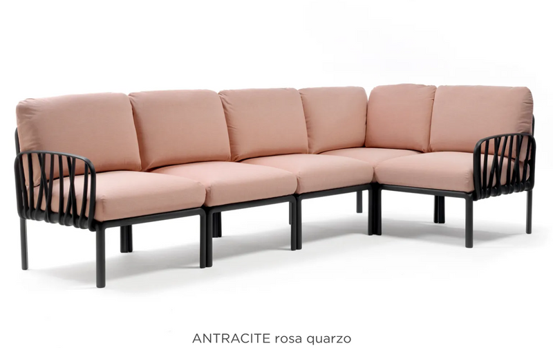 Load image into Gallery viewer, Antracite Rosa Quarzo Sunbrella fabric Komodo 5 Modular Outdoor Sofa by Custom Wood Designs, with a sleek modern patio setting.