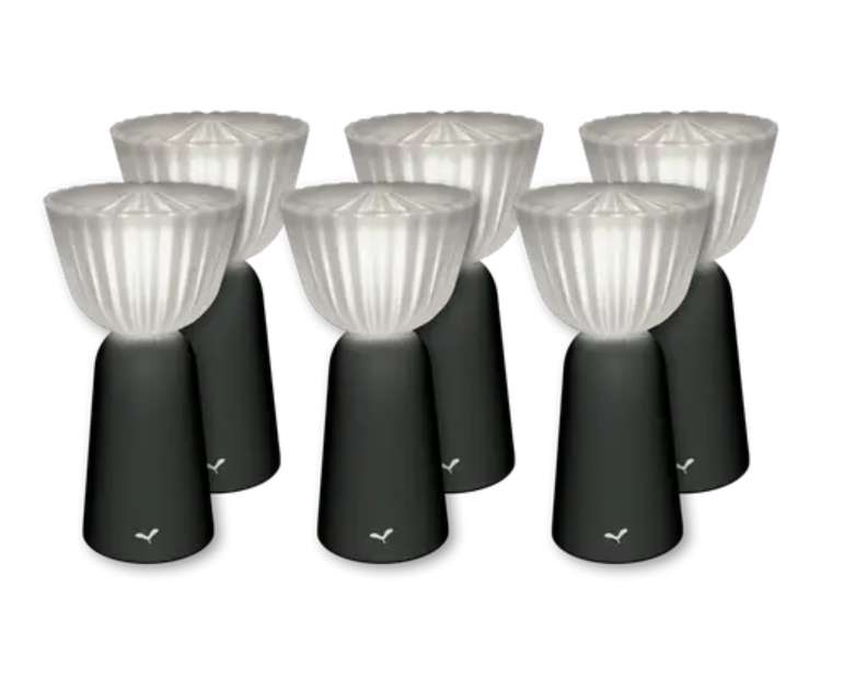 Load image into Gallery viewer, Set of six Fermob Swing outdoor rechargeable lamps in antracite, 20 cm height, arranged outdoors for ambient lighting.