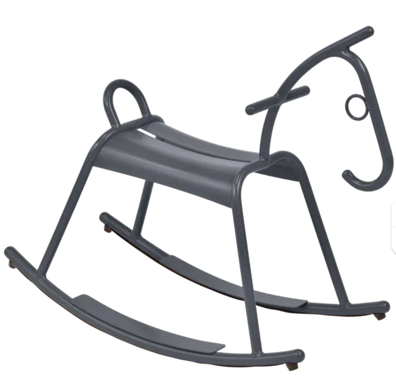 Load image into Gallery viewer, Fermob Antracite and White ADADA rocking horse for kids' restaurant or waiting area furniture, designed for children's play.