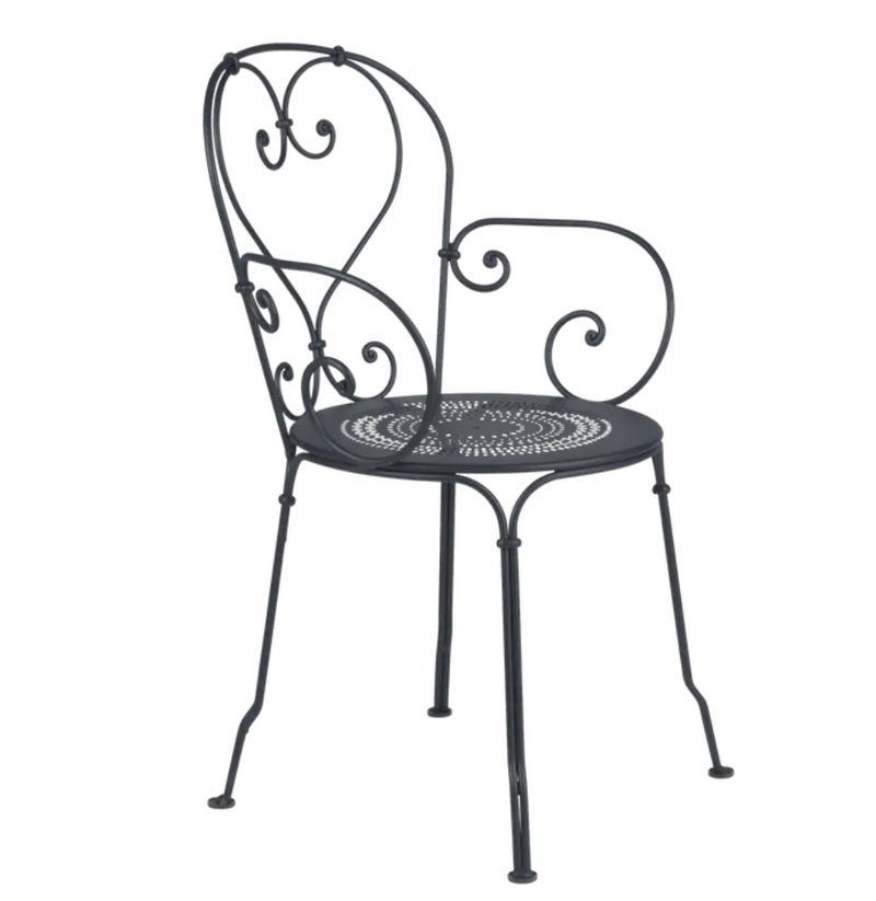 Load image into Gallery viewer, Antracite Fermob 1900 Lounge Armchair with a sleek, modern design, suitable for outdoor patio seating.