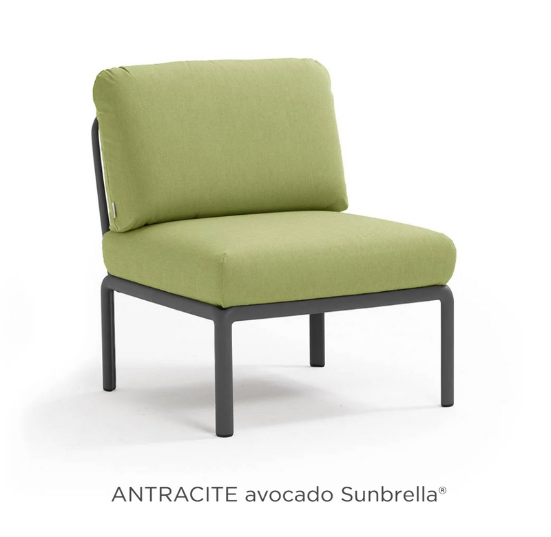 Load image into Gallery viewer, Nardi Komodo Central Sofa Module in antracite and avocado with Sunbrella fabric, outdoor modular sofa section on hotel patio.