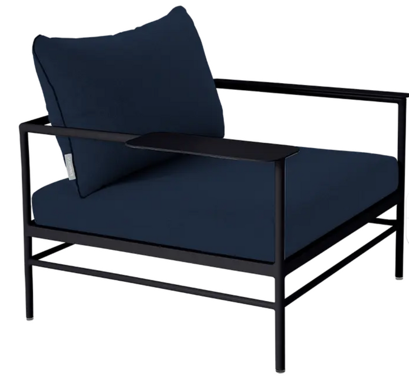 Load image into Gallery viewer, Fermob Rivage low armchair in midnight blue metal outdoor furniture with a sleek, modern design for garden seating.