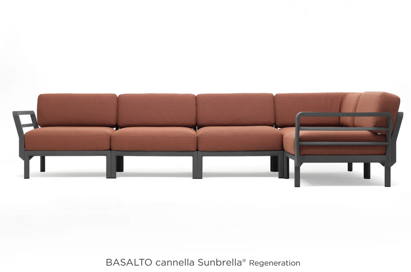 Load image into Gallery viewer, Maximo 5 modular outdoor sofa from Custom Wood Designs, featuring Basalto Cannella cushions on a stylish hotel terrace seating system.