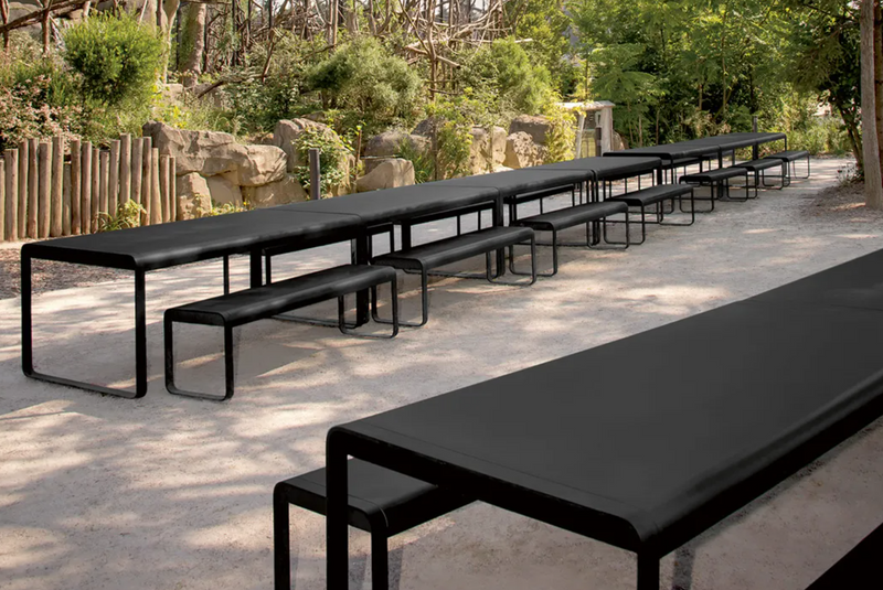 Load image into Gallery viewer, Fermob Bellevie 196 x 90 cm outdoor metal dining table with eight seats, featuring a sleek, modern design for outdoor dining.