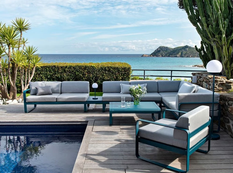 Load image into Gallery viewer, Fermob Bellevie low aluminum lounge table measuring 103x75 cm, suitable for outdoor garden and restaurant settings.