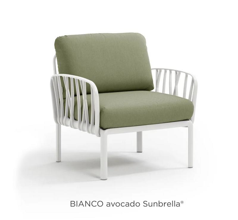Load image into Gallery viewer, Nardi Komodo outdoor modular armchair by Custom Wood Designs, featuring white Sunbrella fabric and wooden frame for outdoor seating.
