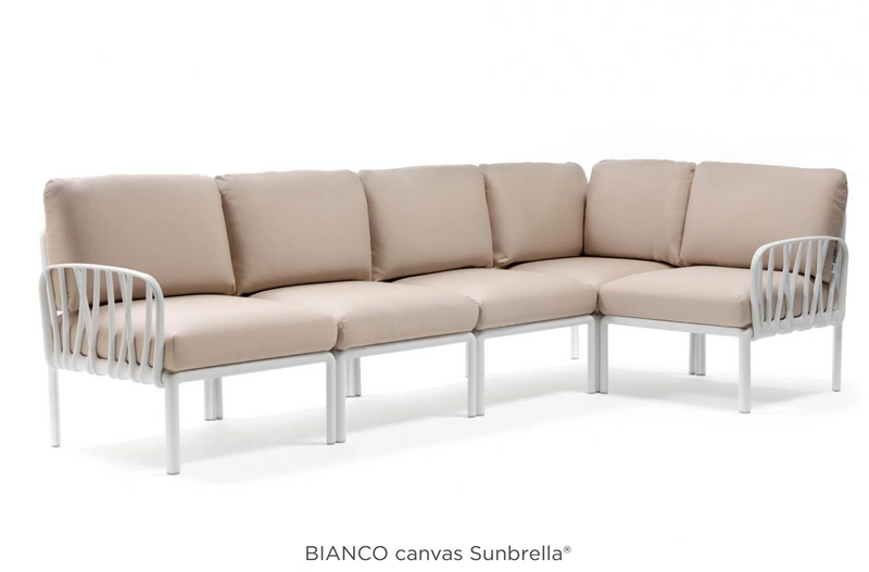 Load image into Gallery viewer, Komodo 5 Modular Outdoor Sofa by Custom Wood Designs, white canvas cushions with wooden frame, suitable for patio and outdoor use.
