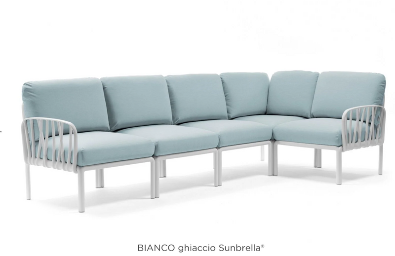 Load image into Gallery viewer, Bianco Ghiaccio Komodo 5 modular outdoor sofa by Custom Wood Designs, featuring white upholstered cushions and wooden frame for patio use.