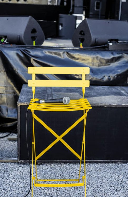 Load image into Gallery viewer, Fermob Bistro High Stool, foldable bar chair with metal frame and wooden seat, ideal for outdoor restaurant or hotel bar settings.