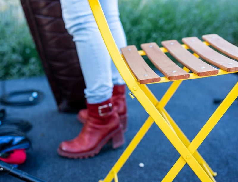 Load image into Gallery viewer, Fermob Bistro Natural folding chair with wood seat and metal frame, suitable for outdoor restaurant or bistro seating.