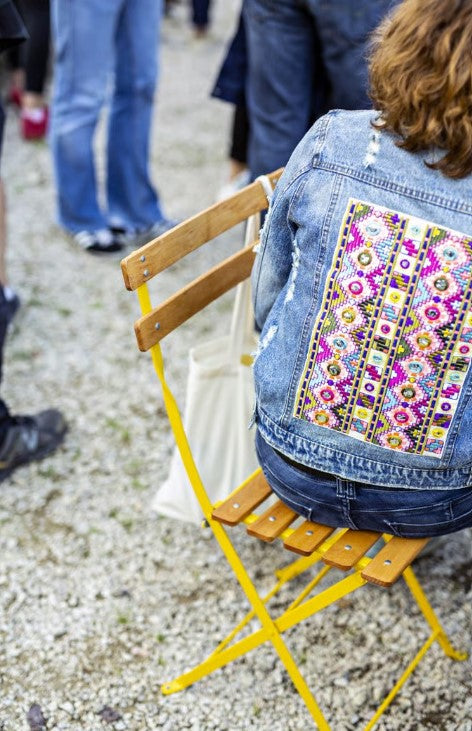 Load image into Gallery viewer, Fermob Bistro Natural folding chair with wooden seat and metal frame, outdoor furniture suitable for restaurant or hotel patio.