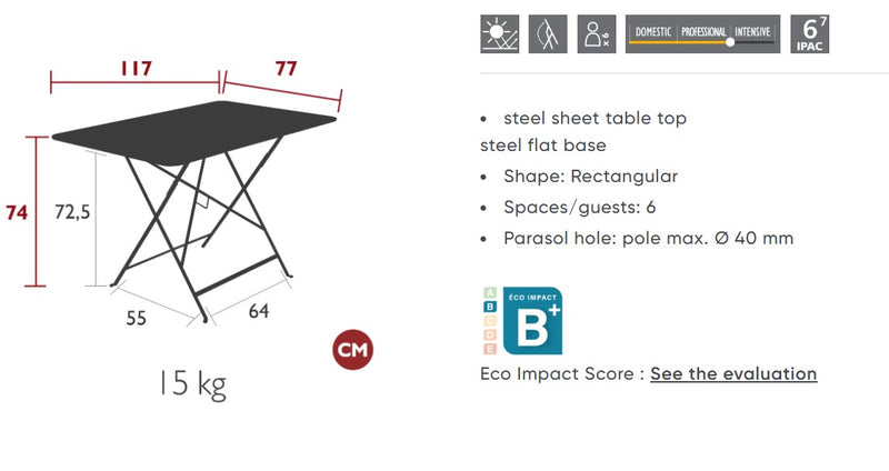 Load image into Gallery viewer, Fermob foldable bistro table measuring 117x77 cm, suitable for outdoor restaurant, hotel, or garden hospitality settings.
