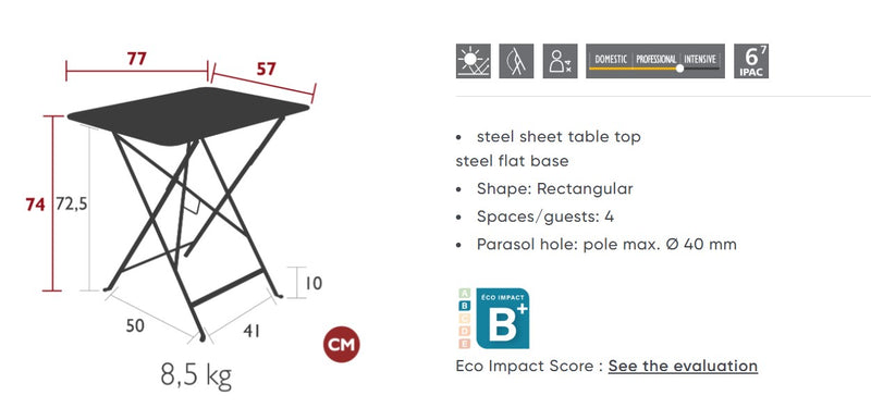 Load image into Gallery viewer, Fermob foldable bistro table measuring 77x57 cm, ideal for restaurant, hotel, and hospitality settings.