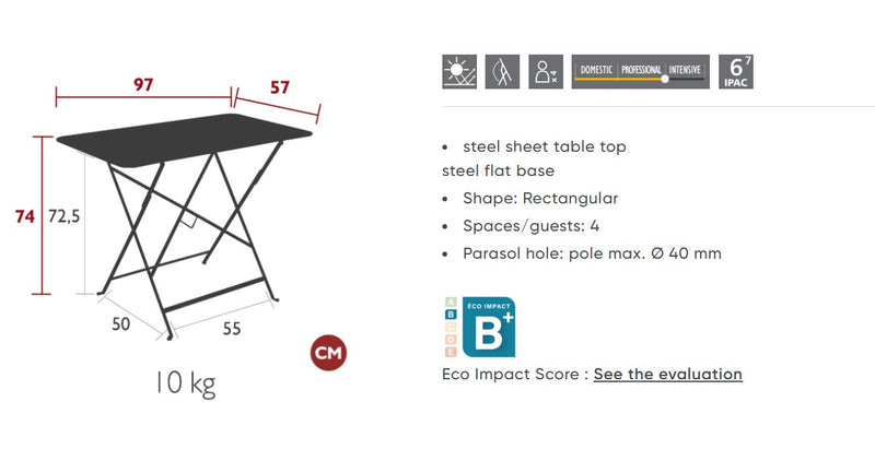 Load image into Gallery viewer, Fermob metal foldable bistro table, 97x57 cm, outdoor hospitality furniture with hole for umbrellas, suitable for restaurants and hotels.