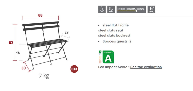 Load image into Gallery viewer, Fermob Bistro two-seater folding ottoman bench made of metal, suitable for outdoor living and French-inspired hospitality settings.