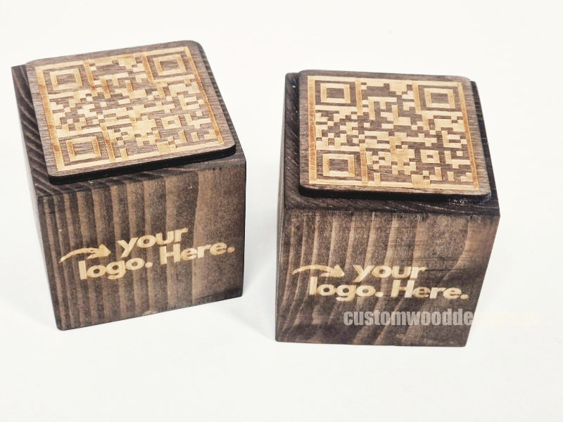 Load image into Gallery viewer, QR Code Block 5 sides Stained & Branded 10-1000 Custom Wood Designs CU28B3_1