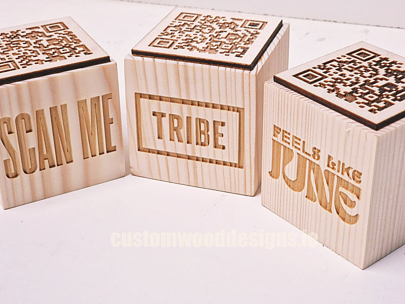 Load image into Gallery viewer, QR Code Block Natural 3 sides Branded 10-1000 Custom Wood Designs CU59CC_1_d2730008-0c34-4d5d-89bc-da1554e34672