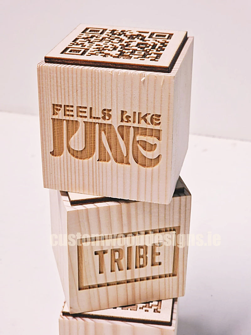 Load image into Gallery viewer, QR Code Block Natural 3 sides Branded 10-1000 Custom Wood Designs CUBA37_1