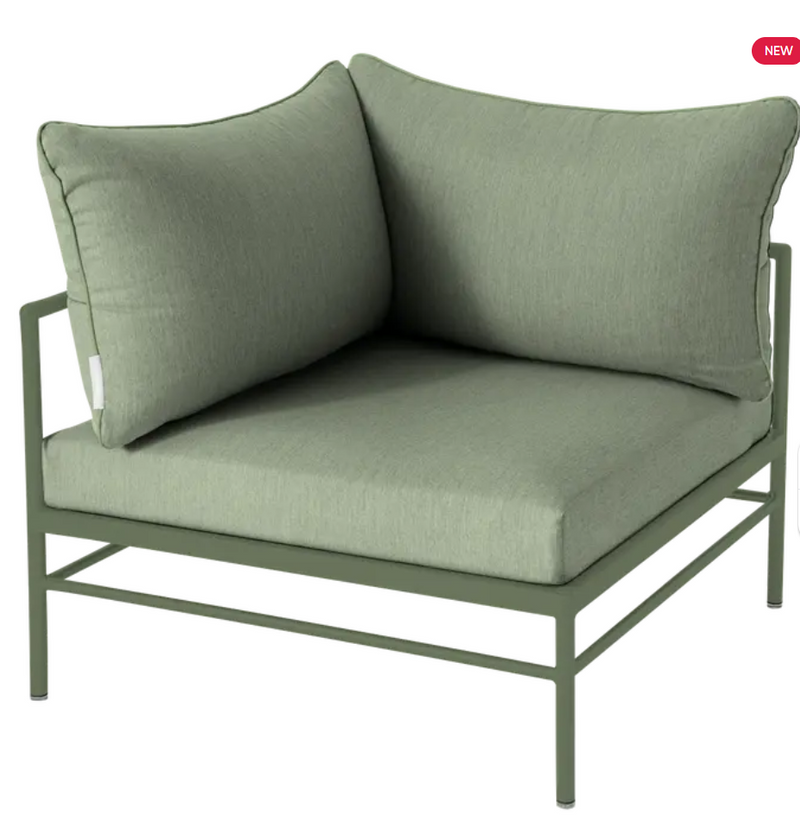 Load image into Gallery viewer, Fermob Rivage Corner Armchair, outdoor metal corner sofa with cactus green cushions, modern design for patio or garden seating.